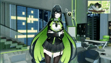 a girl with long black hair and green wings is standing in a room with her arms crossed in front of a window .