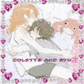 a picture of colette and ryu is surrounded by purple hearts