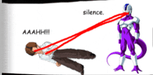 a cartoon drawing of a man laying on the ground and a purple superhero with red lasers coming from his eyes