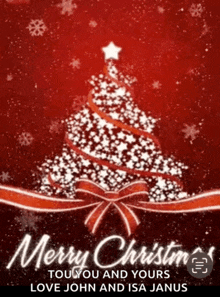 a red christmas card with a christmas tree and the words merry christmas