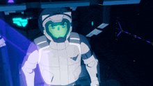 a man in a space suit with a green helmet stands in a dark room