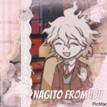 a picture of nagito from danganronpa is surrounded by lace and flowers .
