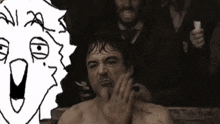 a man without a shirt is sitting in a bathtub next to a drawing of a man with a surprised face .