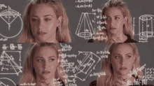 a woman is standing in front of a blackboard with mathematical equations written on it