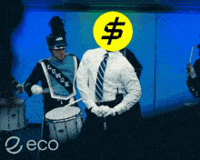 a man in a marching band has a yellow dollar sign on his head