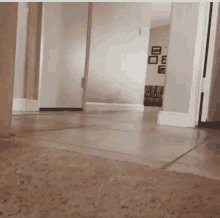 a hallway with a couch in the background and a few pictures on the wall
