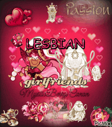 a pink background with hearts and the words lesbian girlfriends