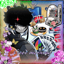 a cartoon of a man playing uno with cupcakes and flowers