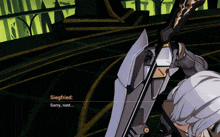 siegfried is holding a sword and says sorry runt