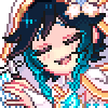 a pixel art drawing of a girl with blue hair