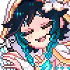 a pixel art drawing of a girl with blue hair