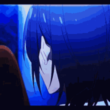 a close up of a blue haired anime character