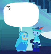 a cartoon character with a white speech bubble that says tr on it