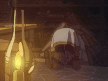 a drawing of a person kneeling in front of a shelf with books on it and a candle in the foreground
