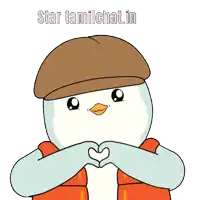 a cartoon penguin wearing a hat and an orange jacket with the words star tamilchat.in above it