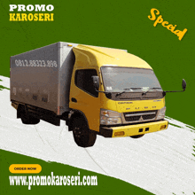 a yellow truck with the website promokaroseri.com on the bottom