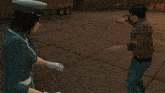 a man is holding a bloody knife in front of a police officer