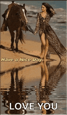 a picture of a woman walking a horse on the beach says have a nice day
