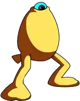 a cartoon drawing of a yellow egg with blue eyes and legs