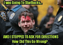 a man with a bloody head is being arrested by police .