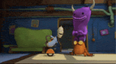 a purple monster with horns is standing next to a cartoon character