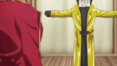 a man in a red jacket is standing next to a yellow coat with a skull on it