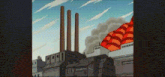 a cartoon illustration of a factory with smoke coming out of the chimneys