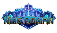 a blue and gold logo for king roman with playing cards