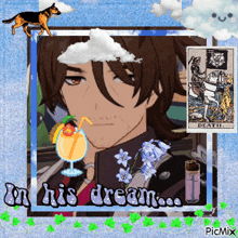 a picture of a man with a cloud on his head and a tarot card that says death