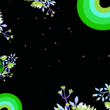 a blue square with arabic writing surrounded by green circles and flowers