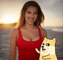 a woman in a red tank top next to a doge