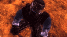 a ninja is kneeling down with a sword in his hand in a video game