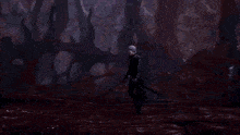 a man is standing in a dark forest with a sword in his hand surrounded by lightning and a pyramid .