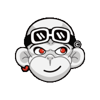 a cartoon monkey wearing goggles has a copyright symbol on his head