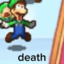 a cartoon character is jumping in the air with the word death below him .