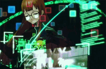 a girl with glasses is looking at a screen with a green light coming out of it