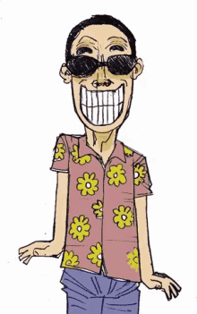 a cartoon of a man wearing sunglasses and a shirt with yellow flowers on it
