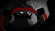 a black and white cartoon of a ninja with a red headband