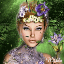 a painting of a woman with purple flowers in her hair and the name werble on the bottom right
