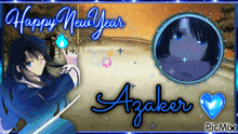 a picture of a girl with the words happy new year azameer