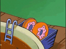 a cartoon of donuts in a pool with a ladder in the water