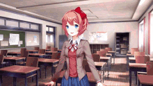 a girl with red hair and blue eyes is standing in a classroom with empty desks .