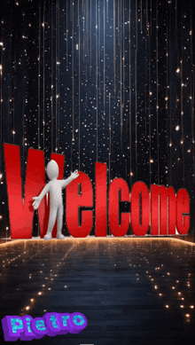 a 3d man stands in front of a welcome sign