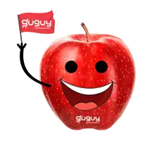 a red apple with a smiling face and two flags that say guguy on them