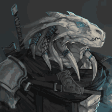 a drawing of a dragon with a sword and armor
