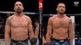 two men standing next to each other with ufc fight night written on the bottom