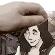 a cartoon of a woman wearing a hat with a hand on it .