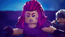 a lego character with red hair and a cross on her face