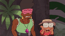 a cartoon character with glasses and a necklace with a purple diamond on it