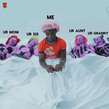 a man in an orange shirt is sitting on a bed surrounded by purple women